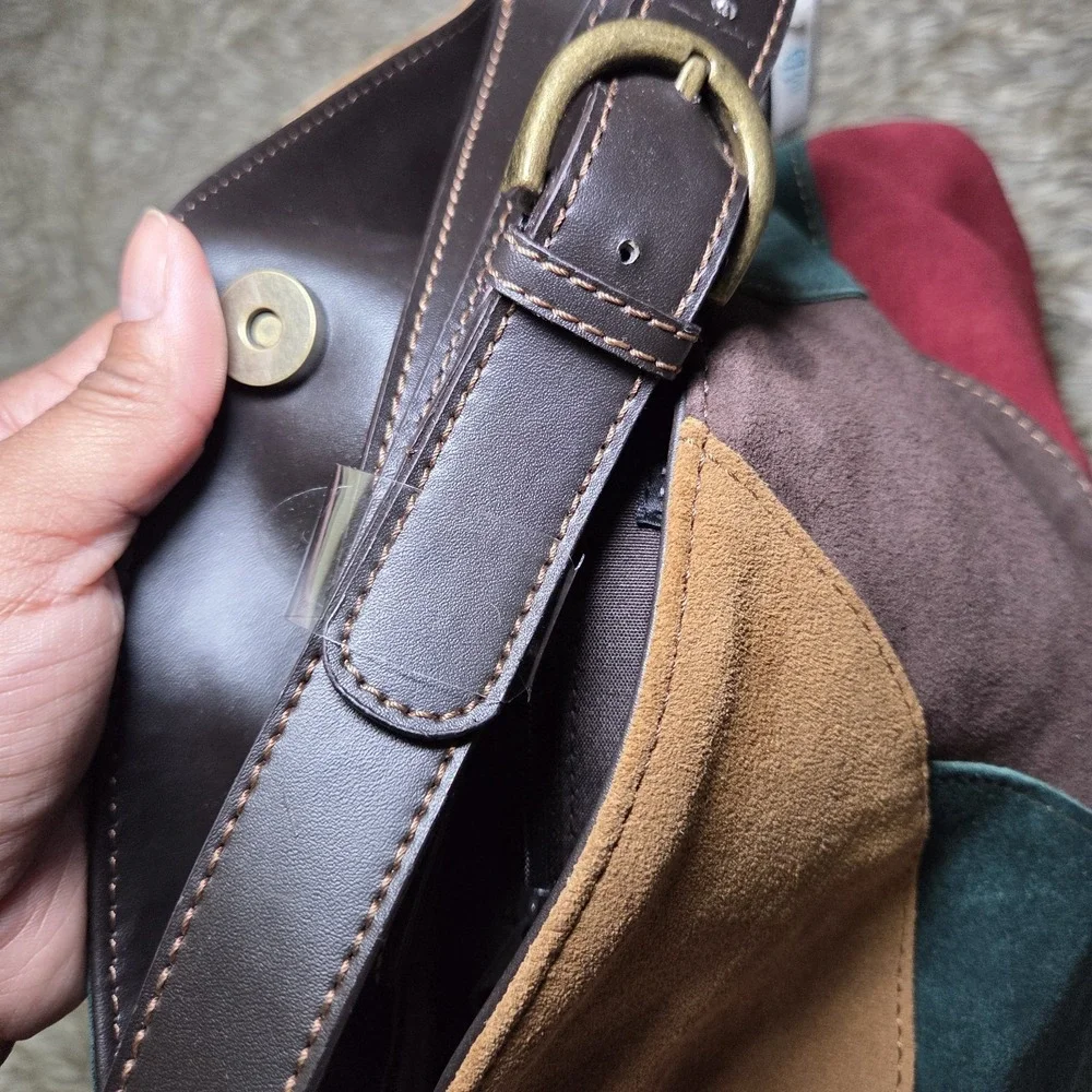 Boho Patchwork Leather Suede Hobo Bag Colorblock Shoulder Purse Y2K Hippie Indie